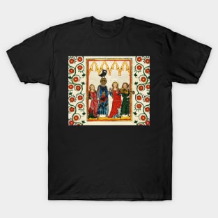 KNIGHT OF SWAN DANCING WITH BEAUTIFUL LADIES ,FIDDLE MUSIC ,MEDIEVAL MINIATURE WITH WILD ROSES T-Shirt